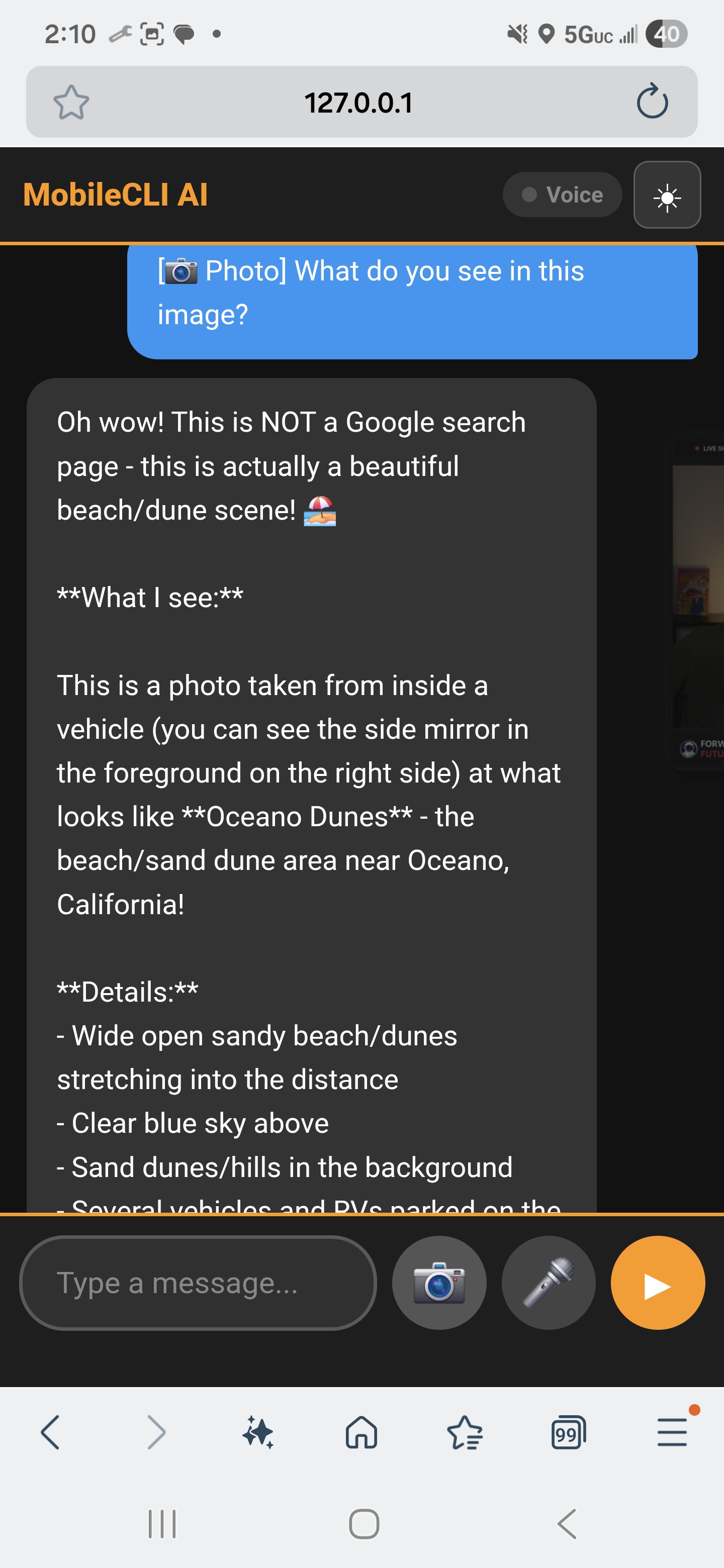 AI Camera Vision analyzing a beach photo in MobileCLI web chat