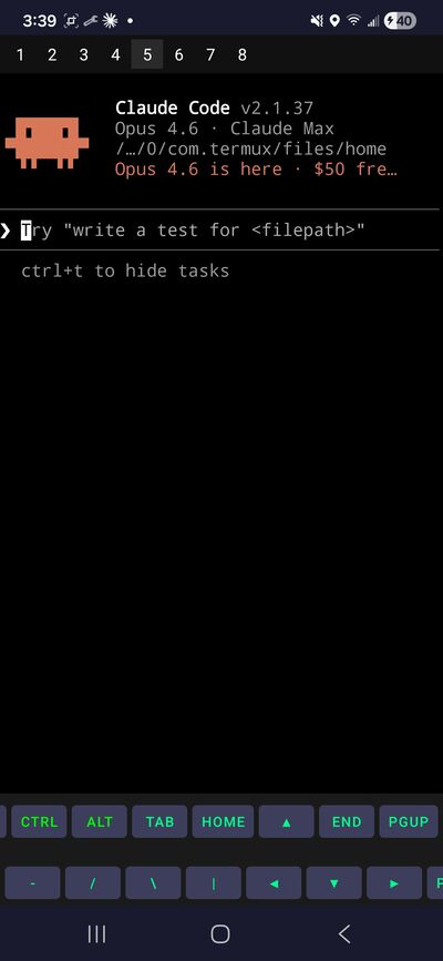 Claude Code AI running inside MobileCLI with 8 terminal sessions
