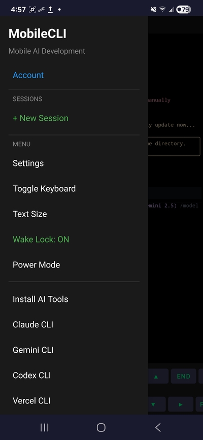 MobileCLI navigation drawer showing settings and AI tools